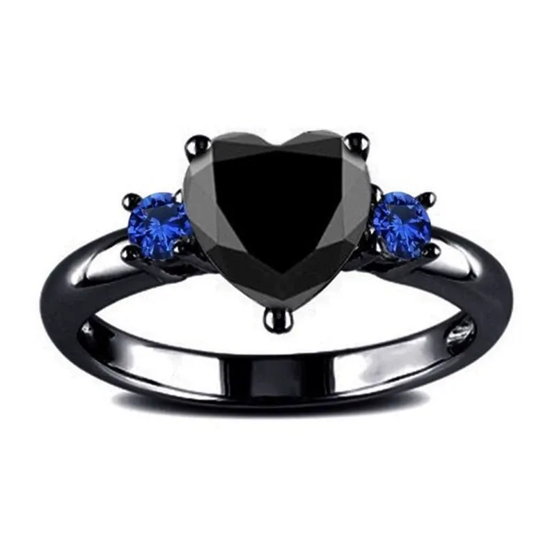 INS1022-DOCCESTU Black Gold Plated Heart Ring Black Onyx Single Stone Ring Women's Heart Ring Round Cut Blue Sapphire Engagement Ring Black Spinel Heart Single Stone Ring Size 7