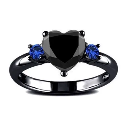 INS1022-DOCCESTU Black Gold Plated Heart Ring Black Onyx Single Stone Ring Women's Heart Ring Round Cut Blue Sapphire Engagement Ring Black Spinel Heart Single Stone Ring Size 7