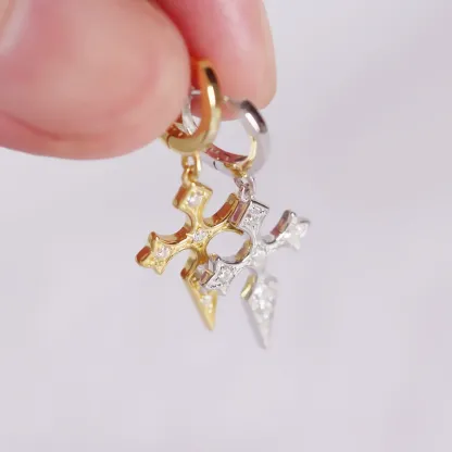 INS2186-Dainty CZ Cross Dangle Hoop Earrings for Women Girls S925 Sterling Silver with Charms Cubic Zirconia Vintage Boho Baroque Crisscross Religious Drop Dangling Tiny Huggie Hoops Cartilage Helix Jewelry