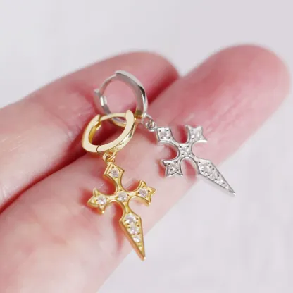 INS2186-Dainty CZ Cross Dangle Hoop Earrings for Women Girls S925 Sterling Silver with Charms Cubic Zirconia Vintage Boho Baroque Crisscross Religious Drop Dangling Tiny Huggie Hoops Cartilage Helix Jewelry