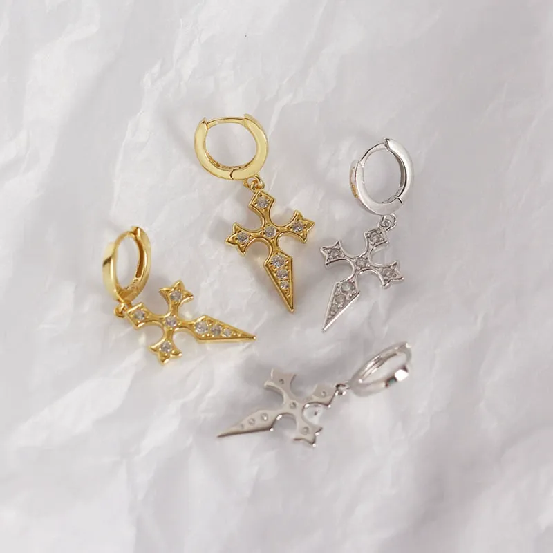 INS2186-Dainty CZ Cross Dangle Hoop Earrings for Women Girls S925 Sterling Silver with Charms Cubic Zirconia Vintage Boho Baroque Crisscross Religious Drop Dangling Tiny Huggie Hoops Cartilage Helix Jewelry