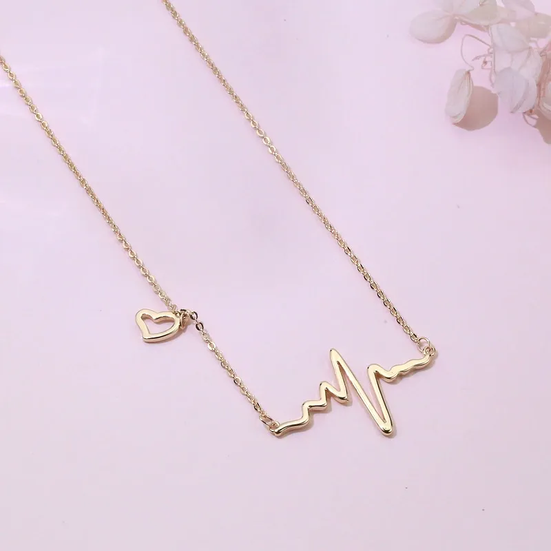 INS3207-18k Rose Gold Plated Stainless steel EKG Heartbeat Love Cardiogram Necklace Jewelry for women
