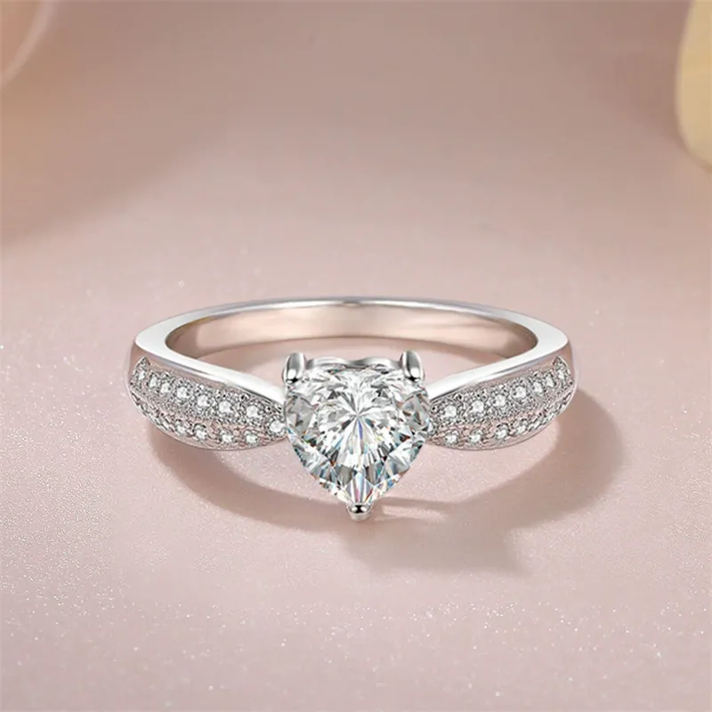 INS1100-Classic Romantic 2CT AAA CZ Solitaire Heart Shaped Engagement Ring For Women Thin Plain Band Promise Ring .925 Sterling Silver