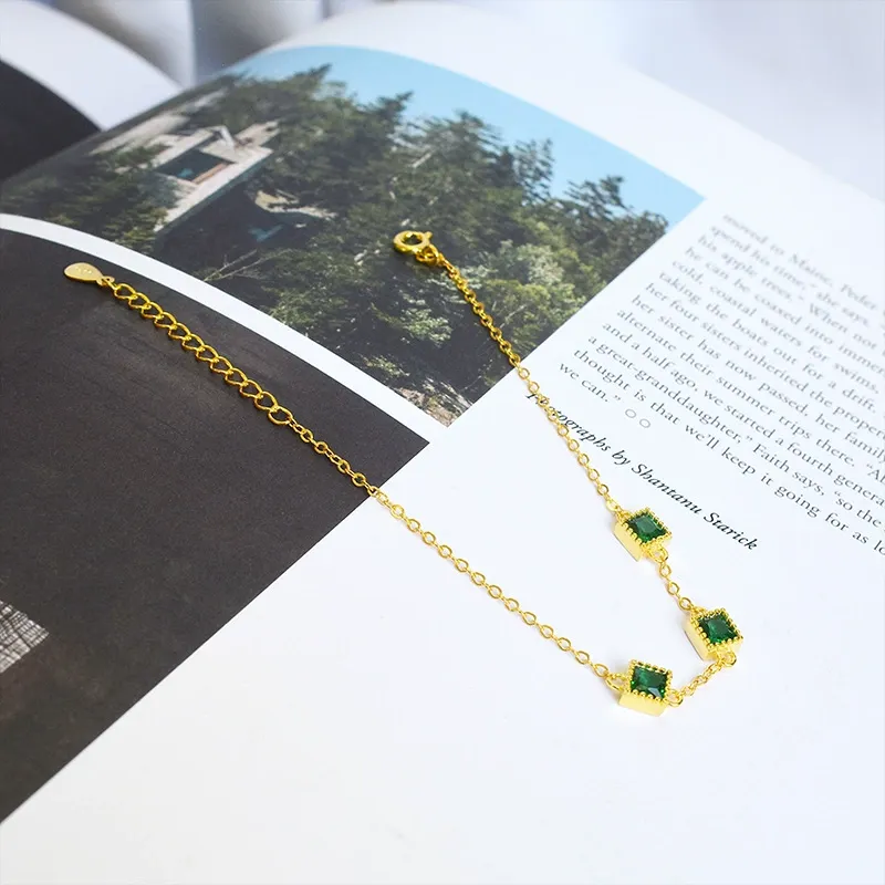 INS4036-Dazzling Women's 14K Yellow Gold Bracelet, Green Emerald Adjustable Design, Dainty Fashion Jewelry for Her