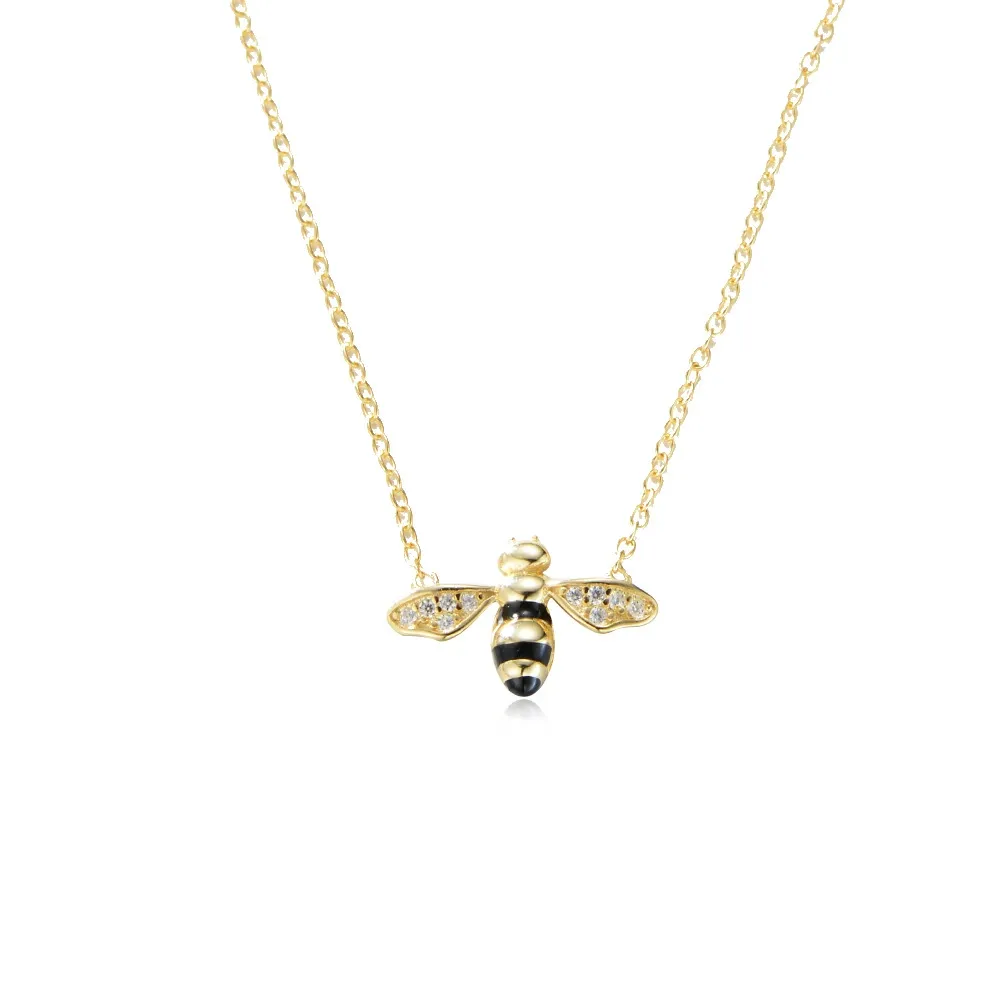 INS3143-Cute CZ Honey Bee Pendant Necklace For Women 14k Gold-Tone Plated Dainty Cubic Zirconia Insect Bumble Bee Choker Chain Charm Wedding Party Simple Statement Jewelry Birthday Present For Daughter Niece