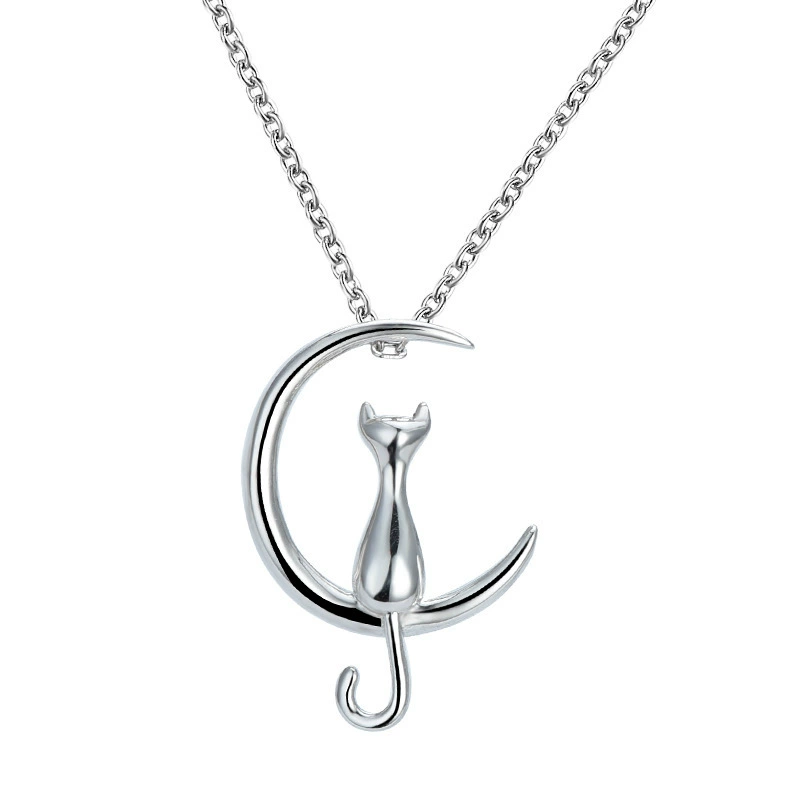 INS3106-925 Sterling Silver Moon Cat Necklace Cat Pendant Necklace