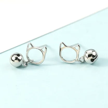 INS2385-925 Sterling Silver White Gold Plated Fashion Cat Head Bell Ear Stud Earrings