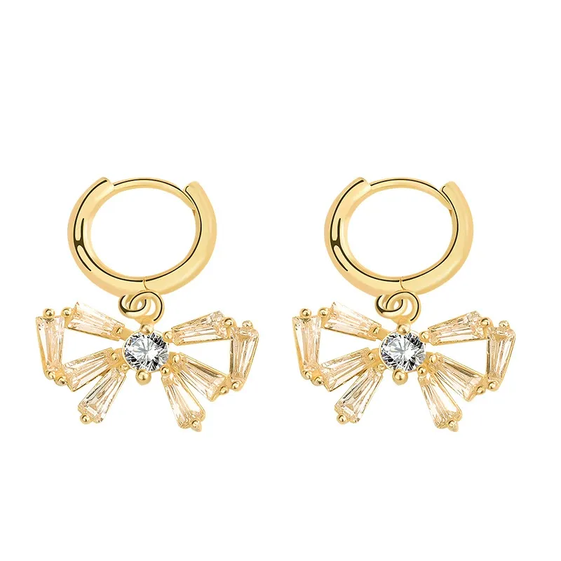 INS2352-Bohemian Crystal Bow Dangle Earrings Gold Cz Paved Bow Drop Earrings Bow Tie Circle Hoop Earrings Small Rhinestone Huggie Earrings Jewelry for Women Gifts