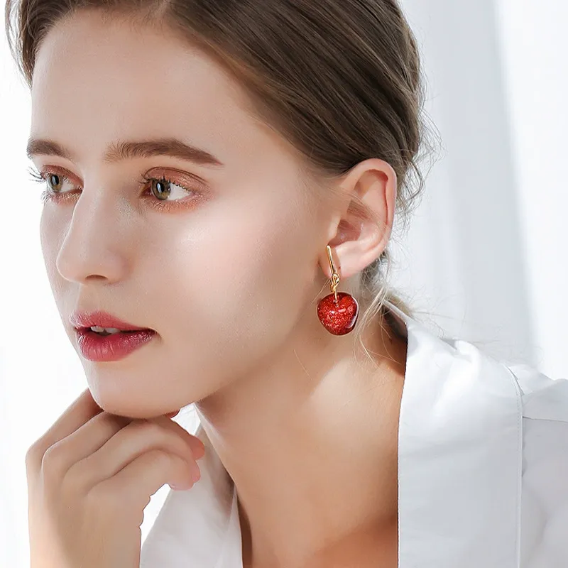 INS2423-Cute Red Cherry Dangle Stud Earrings Sterling Silver Pin 18k Gold-Tone Plated Funny Fruit Statement Fashion Sweet Lovely Dangling Drop Piercing Earring for Women Jewelry Gifts Valentine's Day Birthday