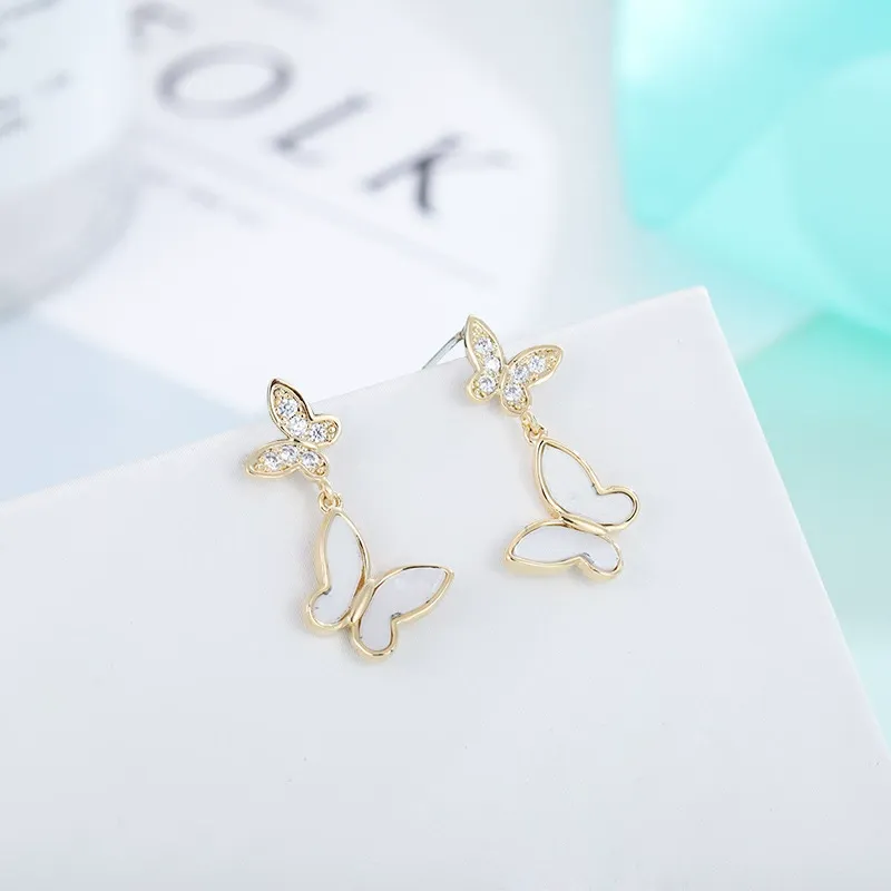 INS2386-S925 Silver Plated White Butterfly Earrings for Women Contain No Nickel Hypoallergenic Fashion Beautiful Birthday Gift Daily Wear
