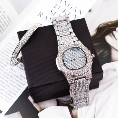 W-2008-Watch Set Set with Diamonds, Steel Strap, Watch + Chain Set with Diamonds, Bracelet-Women