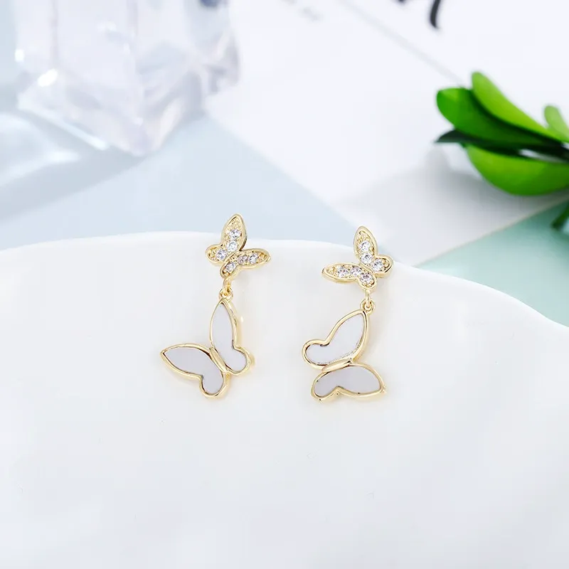 INS2386-S925 Silver Plated White Butterfly Earrings for Women Contain No Nickel Hypoallergenic Fashion Beautiful Birthday Gift Daily Wear