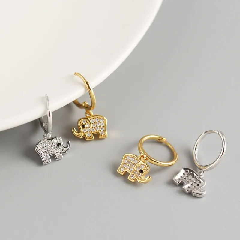 INS2197-Sterling Silver Rhodium Paved Dangling Elephant Hoop Earring
