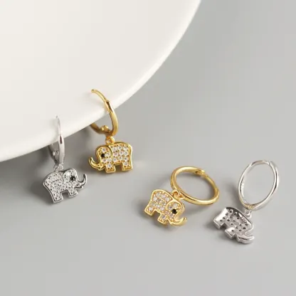 INS2197-Sterling Silver Rhodium Paved Dangling Elephant Hoop Earring