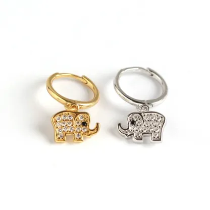 INS2197-Sterling Silver Rhodium Paved Dangling Elephant Hoop Earring