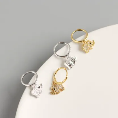 INS2197-Sterling Silver Rhodium Paved Dangling Elephant Hoop Earring