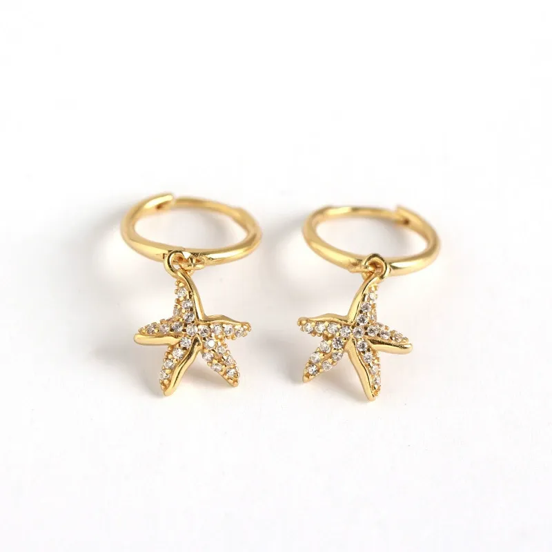 INS2084-Dainty Starfish Hoop Earrings for Women 925 Sterling Silver Cubic Zirconia Small Star Dangle Drop Huggie Hoops Cartilage Hypoallergenic Cute Ocean Beach Holiday Party Jewelry Gifts