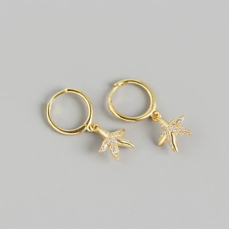 INS2084-Dainty Starfish Hoop Earrings for Women 925 Sterling Silver Cubic Zirconia Small Star Dangle Drop Huggie Hoops Cartilage Hypoallergenic Cute Ocean Beach Holiday Party Jewelry Gifts