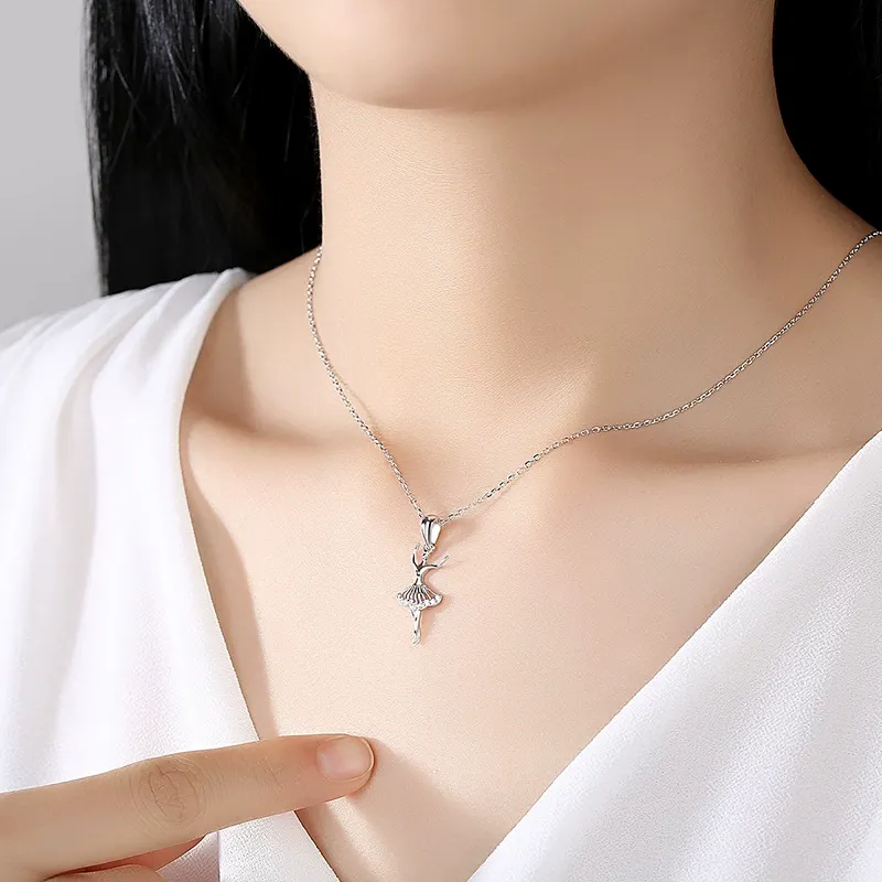 INS3122-Cherished Moments Girl's Sterling Silver Ballerina Charm Necklace with Pink Sparkling CZs