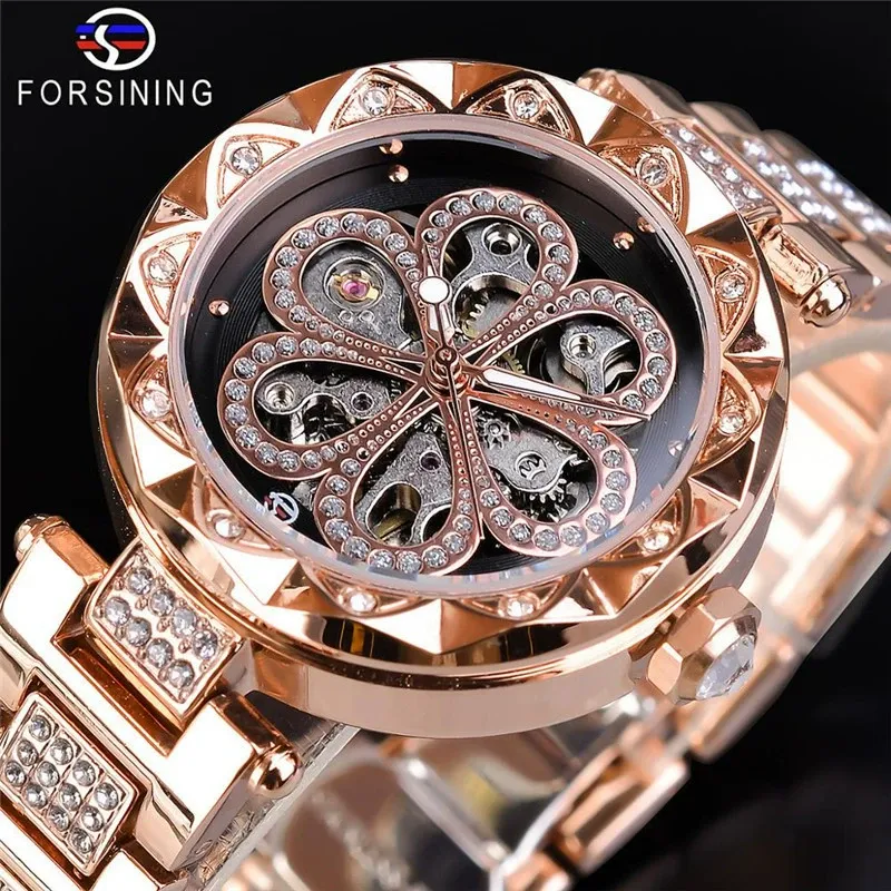 W-2050-FORSINING Women Automatic Mechanical Watches Skeleton Steampunk Watch with Diamond and Carving Flower Craft Cold Watch for Women Minimalist Retro Design Mechanical Skeleton Wrist Watch Transparent