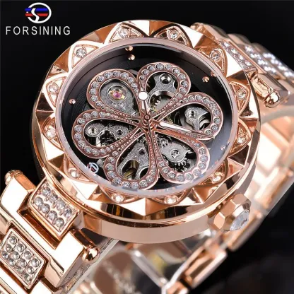 W-2050-FORSINING Women Automatic Mechanical Watches Skeleton Steampunk Watch with Diamond and Carving Flower Craft Cold Watch for Women Minimalist Retro Design Mechanical Skeleton Wrist Watch Transparent