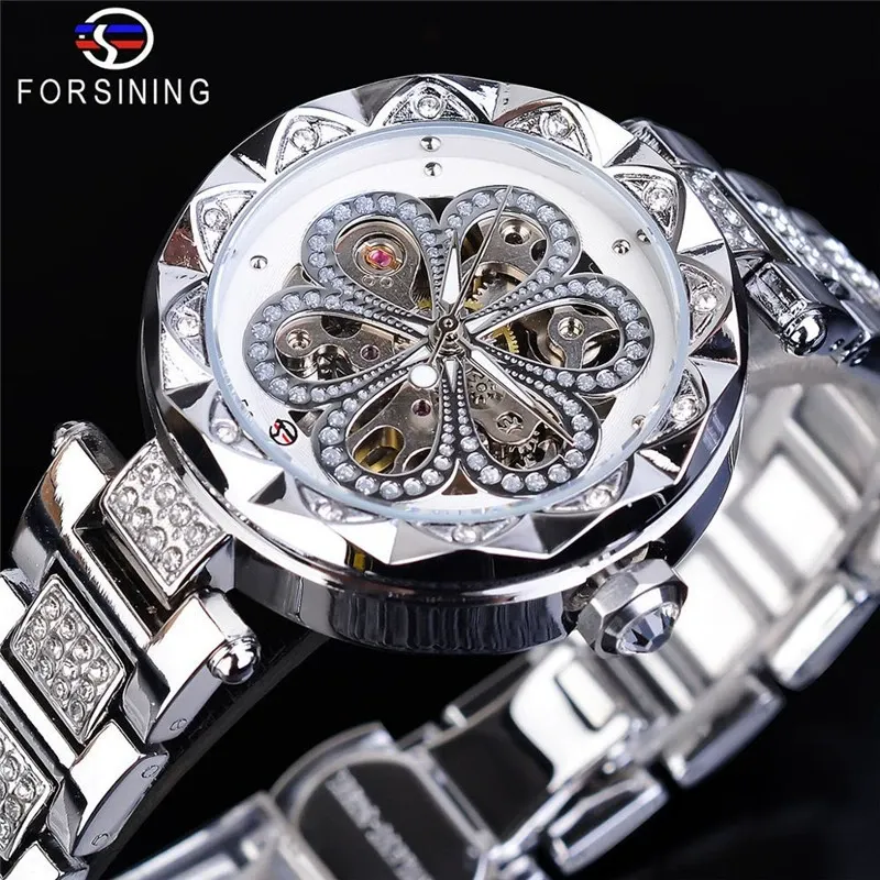 W-2050-FORSINING Women Automatic Mechanical Watches Skeleton Steampunk Watch with Diamond and Carving Flower Craft Cold Watch for Women Minimalist Retro Design Mechanical Skeleton Wrist Watch Transparent