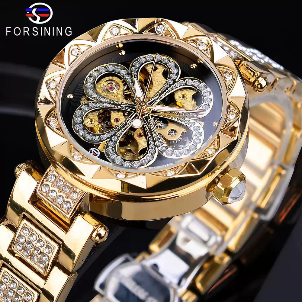 W-2050-FORSINING Women Automatic Mechanical Watches Skeleton Steampunk Watch with Diamond and Carving Flower Craft Cold Watch for Women Minimalist Retro Design Mechanical Skeleton Wrist Watch Transparent