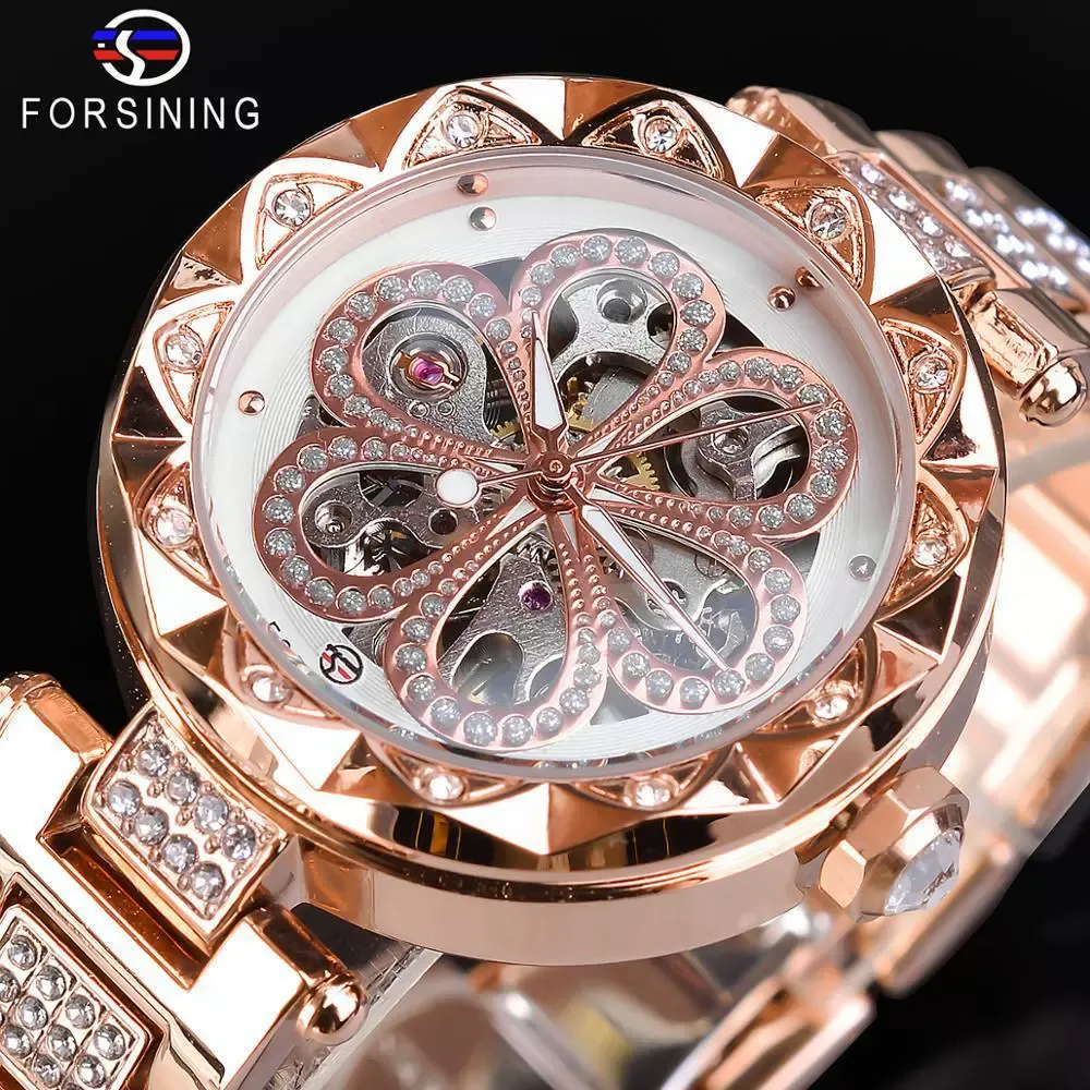 W-2050-FORSINING Women Automatic Mechanical Watches Skeleton Steampunk Watch with Diamond and Carving Flower Craft Cold Watch for Women Minimalist Retro Design Mechanical Skeleton Wrist Watch Transparent