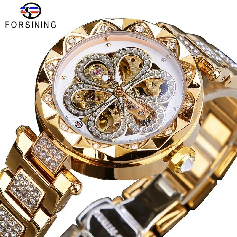 W-2050-FORSINING Women Automatic Mechanical Watches Skeleton Steampunk Watch with Diamond and Carving Flower Craft Cold Watch for Women Minimalist Retro Design Mechanical Skeleton Wrist Watch Transparent
