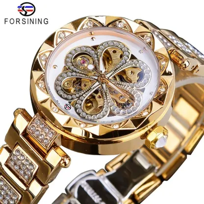 W-2050-FORSINING Women Automatic Mechanical Watches Skeleton Steampunk Watch with Diamond and Carving Flower Craft Cold Watch for Women Minimalist Retro Design Mechanical Skeleton Wrist Watch Transparent