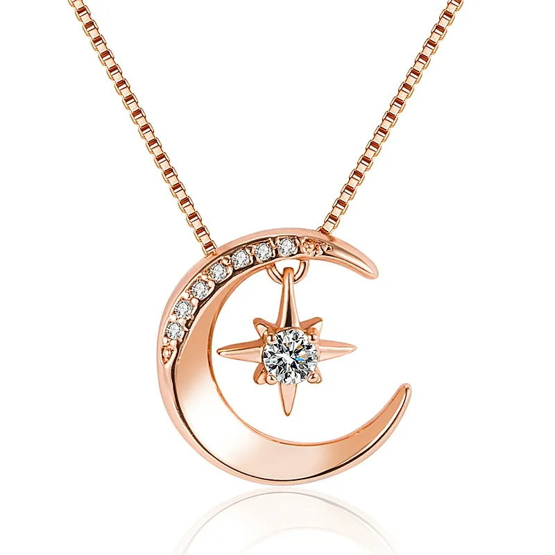 INS3174-SISGEM 14k Rose Gold Moon Necklace for Women, Real Gold Moon and North Star Pendant with Chain, Jewelry Gifts for Her, 16+1+1 Inch
