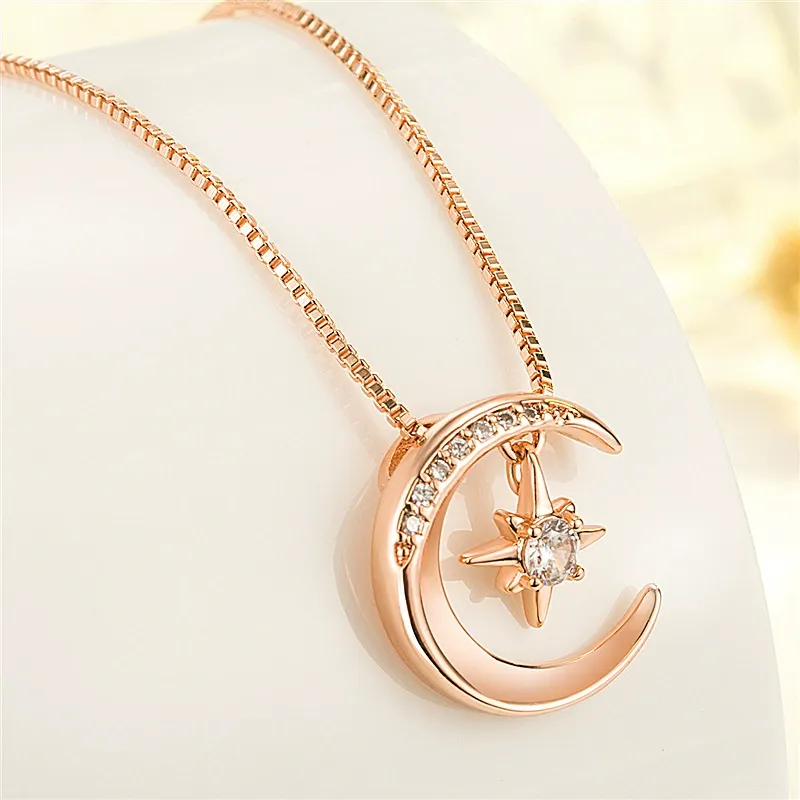 INS3174-SISGEM 14k Rose Gold Moon Necklace for Women, Real Gold Moon and North Star Pendant with Chain, Jewelry Gifts for Her, 16+1+1 Inch