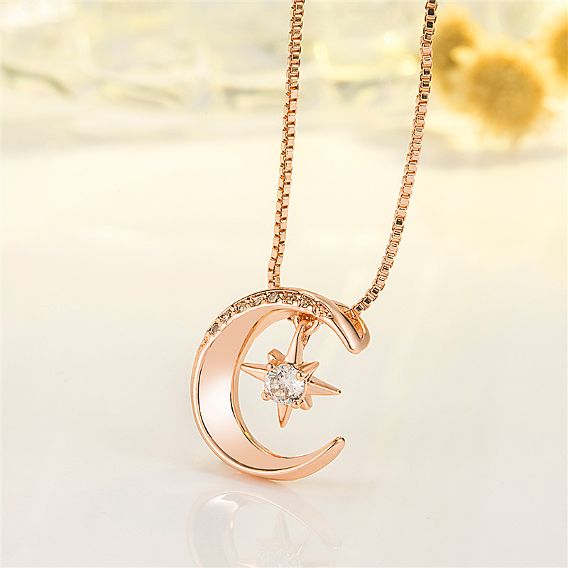 INS3174-SISGEM 14k Rose Gold Moon Necklace for Women, Real Gold Moon and North Star Pendant with Chain, Jewelry Gifts for Her, 16+1+1 Inch