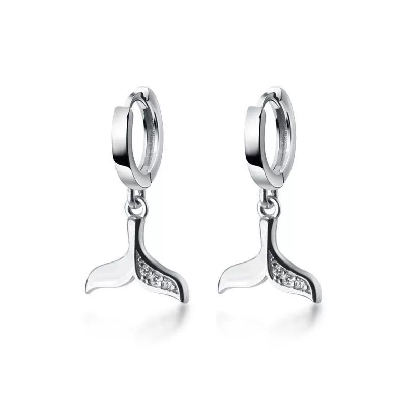 INS2223-CZ Mermaid Tail Dangle Hoop Earrings for Women Girls 925 Sterling Silver Charms Cute Crystal Fish Whale Dolphin Tail Drop Cartilage Huggie Jewelry Delicate Fashion Birthday Christmas Gifts