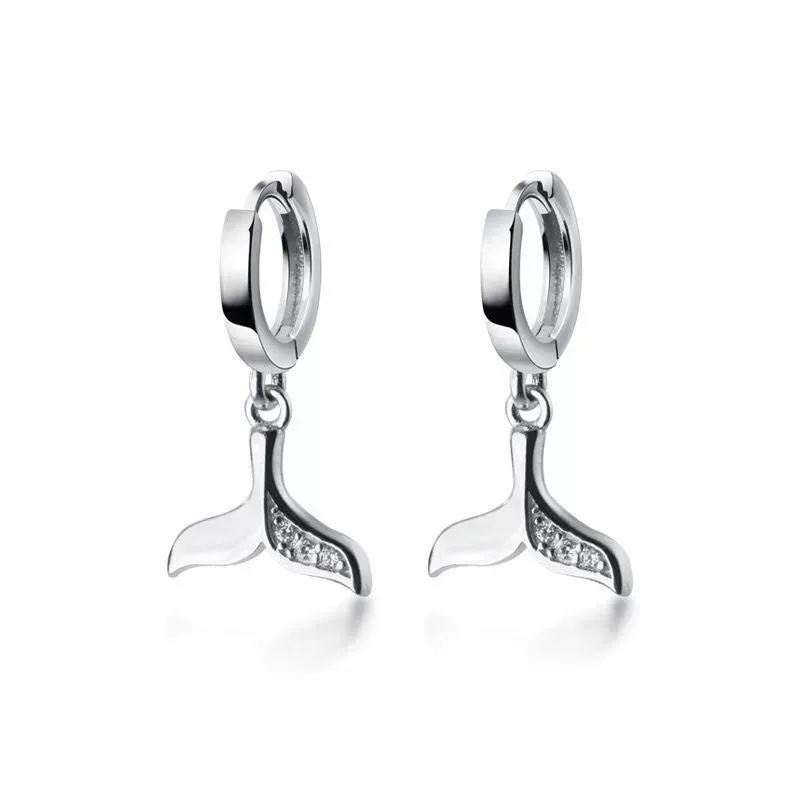 INS2223-CZ Mermaid Tail Dangle Hoop Earrings for Women Girls 925 Sterling Silver Charms Cute Crystal Fish Whale Dolphin Tail Drop Cartilage Huggie Jewelry Delicate Fashion Birthday Christmas Gifts