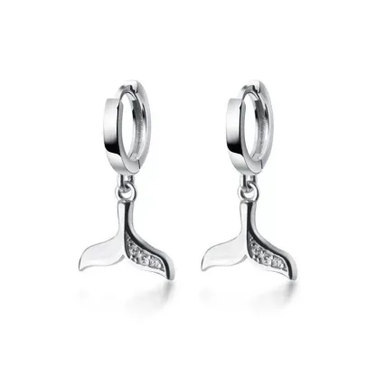 INS2223-CZ Mermaid Tail Dangle Hoop Earrings for Women Girls 925 Sterling Silver Charms Cute Crystal Fish Whale Dolphin Tail Drop Cartilage Huggie Jewelry Delicate Fashion Birthday Christmas Gifts