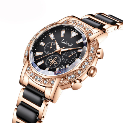 W-2036-Women Elegant Chronograph Rotatable Bezel Mineral Glass Luminous Watch Stainless Steel Waterproof Date Analog Quartz Watch Fashion Business Dress Wrist Watch