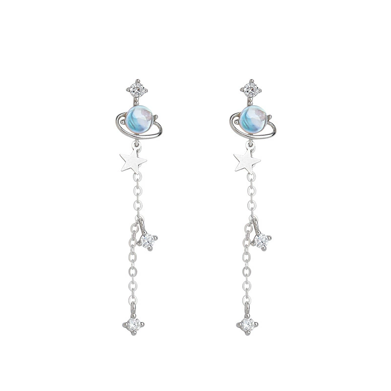 INS2151-Sterling Silver Star Planet Chain Dangle Earrings for Women Dainty Cute CZ Crystal Moonstone Saturn Celestial Tassel Charms Drop Dangling Stud Hypoallergenic Lightweight Holiday Jewelry Gifts