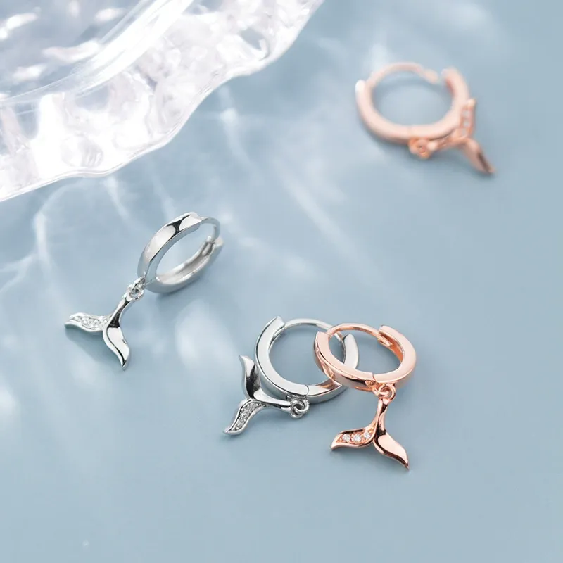 INS2223-CZ Mermaid Tail Dangle Hoop Earrings for Women Girls 925 Sterling Silver Charms Cute Crystal Fish Whale Dolphin Tail Drop Cartilage Huggie Jewelry Delicate Fashion Birthday Christmas Gifts