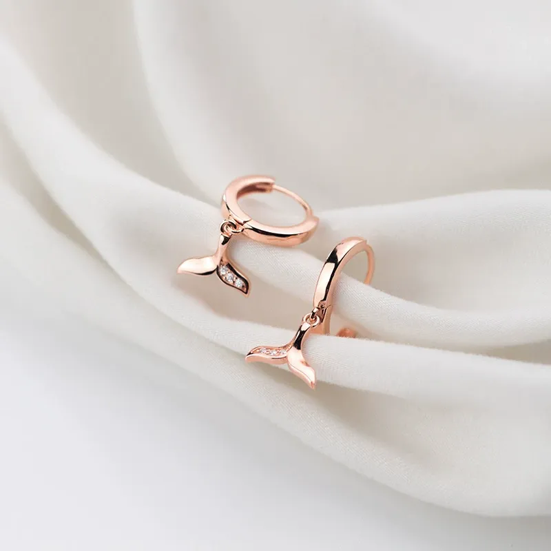 INS2223-CZ Mermaid Tail Dangle Hoop Earrings for Women Girls 925 Sterling Silver Charms Cute Crystal Fish Whale Dolphin Tail Drop Cartilage Huggie Jewelry Delicate Fashion Birthday Christmas Gifts