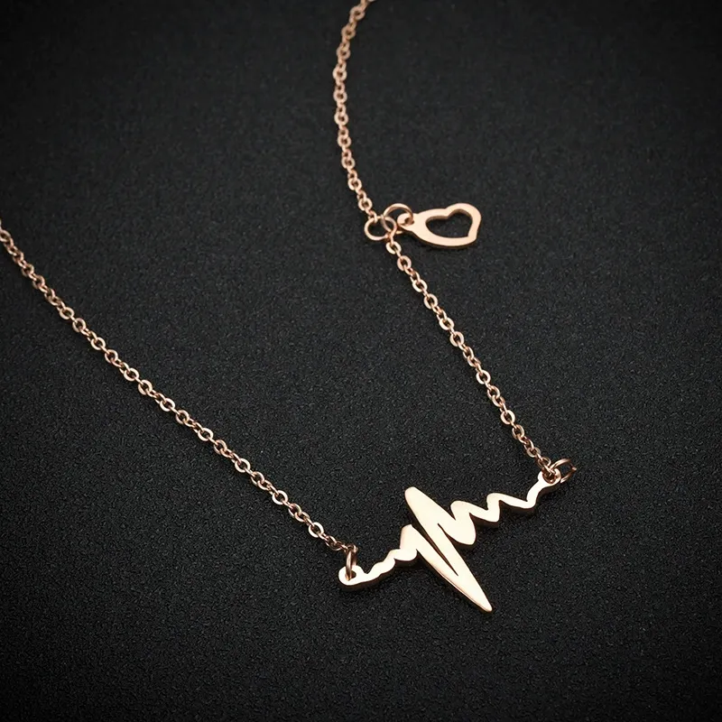 INS3207-18k Rose Gold Plated Stainless steel EKG Heartbeat Love Cardiogram Necklace Jewelry for women