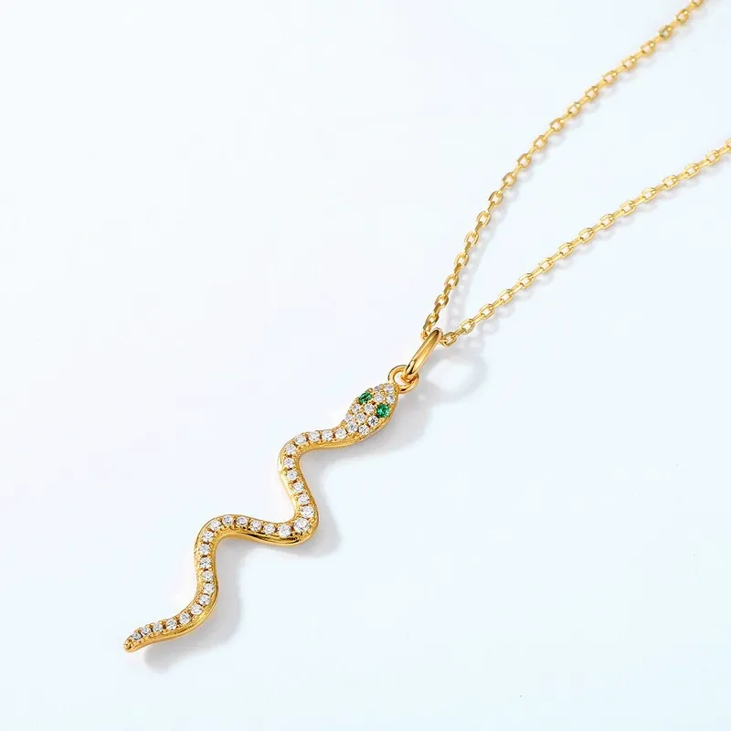 INS3193-Nova&Aria Snake Necklace Sterling Silver 14k Yellow Gold Plated Necklace with Green Emerald Serpent Ring Gift for Women/Men