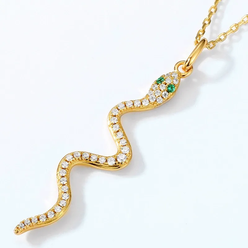 INS3193-Nova&Aria Snake Necklace Sterling Silver 14k Yellow Gold Plated Necklace with Green Emerald Serpent Ring Gift for Women/Men