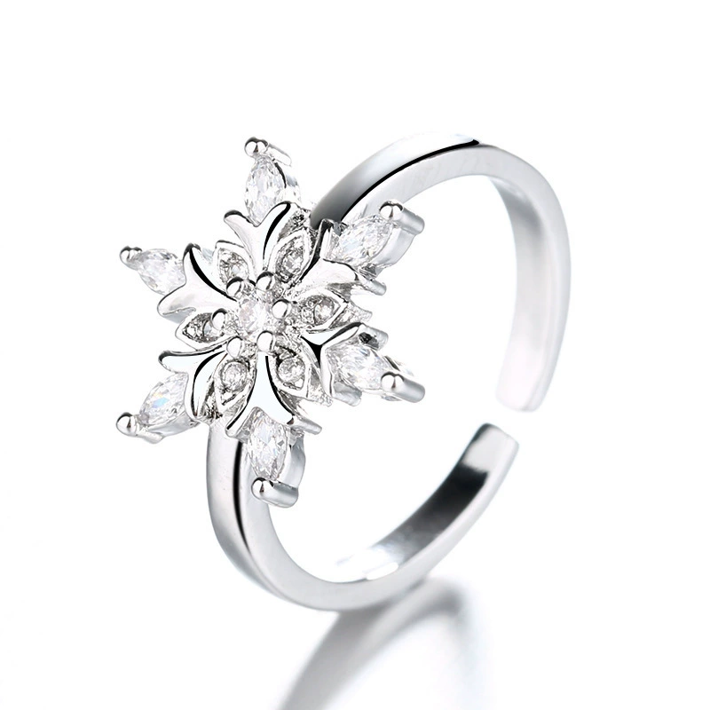 INS1101-CZ Snowflake Adjustable Statement Rings for Women Silver Plated Crystal Christmas Frozen Winter Flower Finger Bands Engagement Open Ring Xmas Party Holiday New Year Jewelry