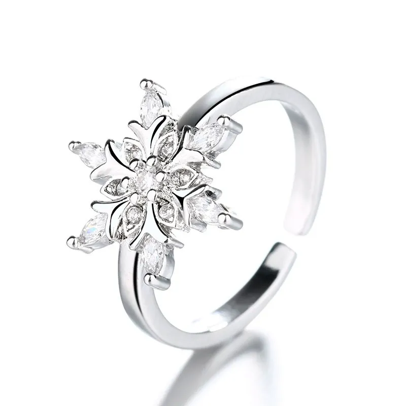 INS1101-CZ Snowflake Adjustable Statement Rings for Women Silver Plated Crystal Christmas Frozen Winter Flower Finger Bands Engagement Open Ring Xmas Party Holiday New Year Jewelry