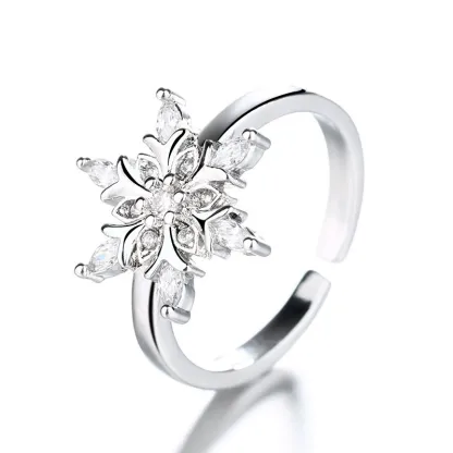 INS1101-CZ Snowflake Adjustable Statement Rings for Women Silver Plated Crystal Christmas Frozen Winter Flower Finger Bands Engagement Open Ring Xmas Party Holiday New Year Jewelry