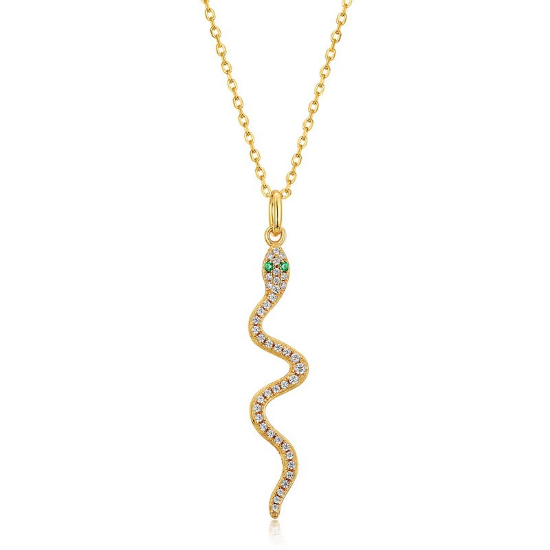 INS3193-Nova&Aria Snake Necklace Sterling Silver 14k Yellow Gold Plated Necklace with Green Emerald Serpent Ring Gift for Women/Men