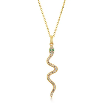 INS3193-Nova&Aria Snake Necklace Sterling Silver 14k Yellow Gold Plated Necklace with Green Emerald Serpent Ring Gift for Women/Men
