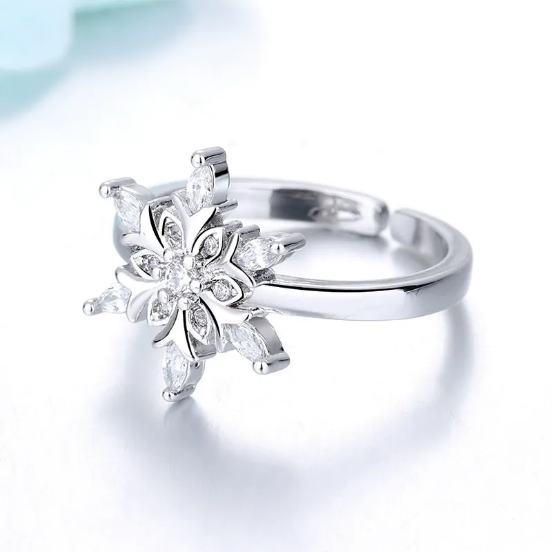 INS1101-CZ Snowflake Adjustable Statement Rings for Women Silver Plated Crystal Christmas Frozen Winter Flower Finger Bands Engagement Open Ring Xmas Party Holiday New Year Jewelry