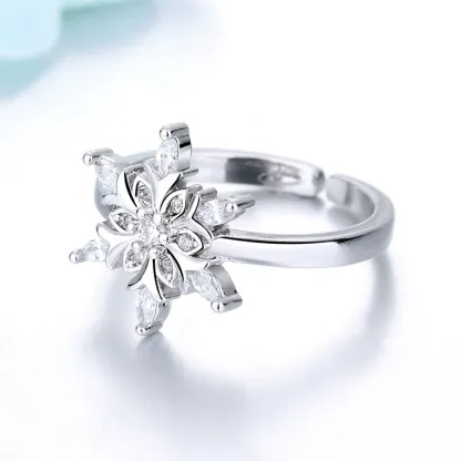 INS1101-CZ Snowflake Adjustable Statement Rings for Women Silver Plated Crystal Christmas Frozen Winter Flower Finger Bands Engagement Open Ring Xmas Party Holiday New Year Jewelry